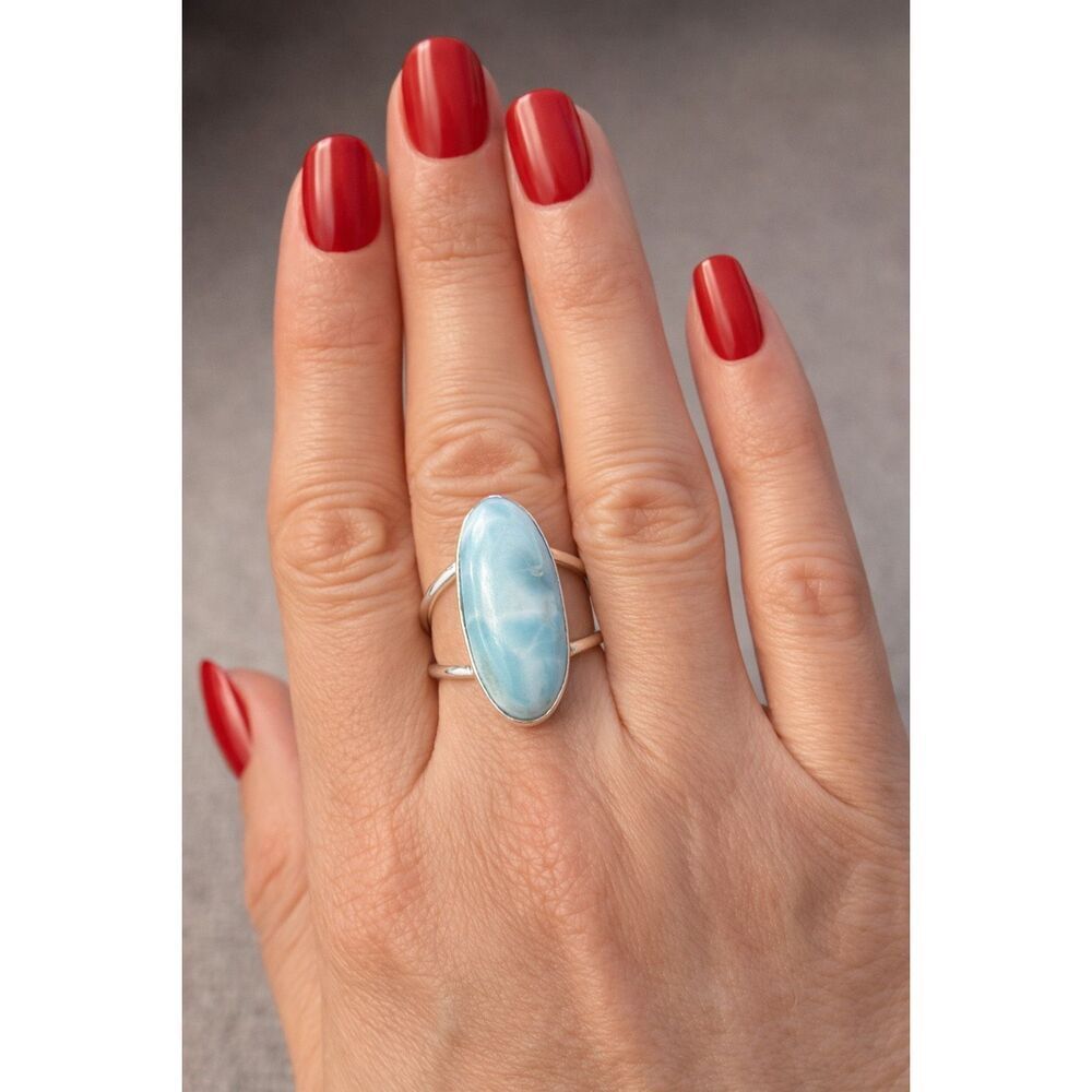 Handcrafted Natural Oval Larimar Ring Silver Split Shank Jewelry Boho Size 7 - Picture 2 of 5